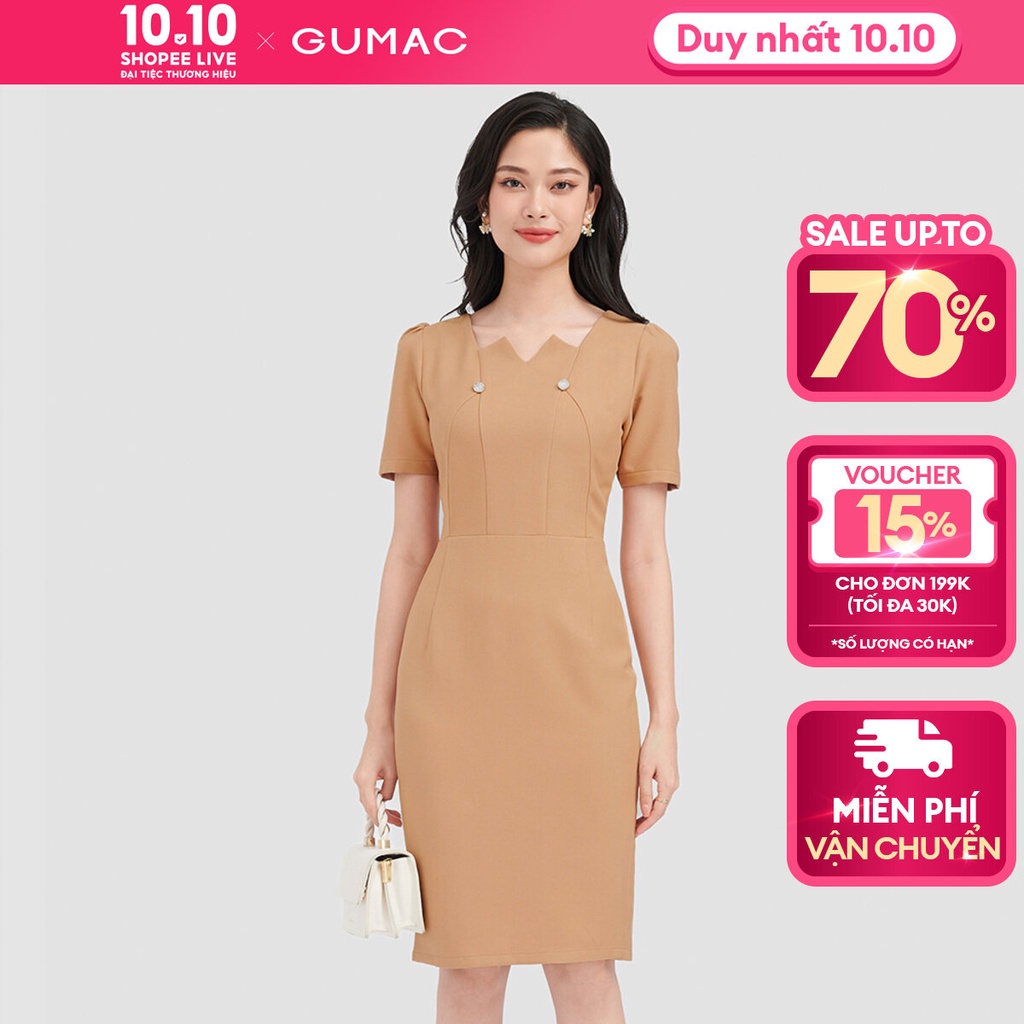Đầm body nữ đính nút thời trang GUMAC màu nâu DC09063