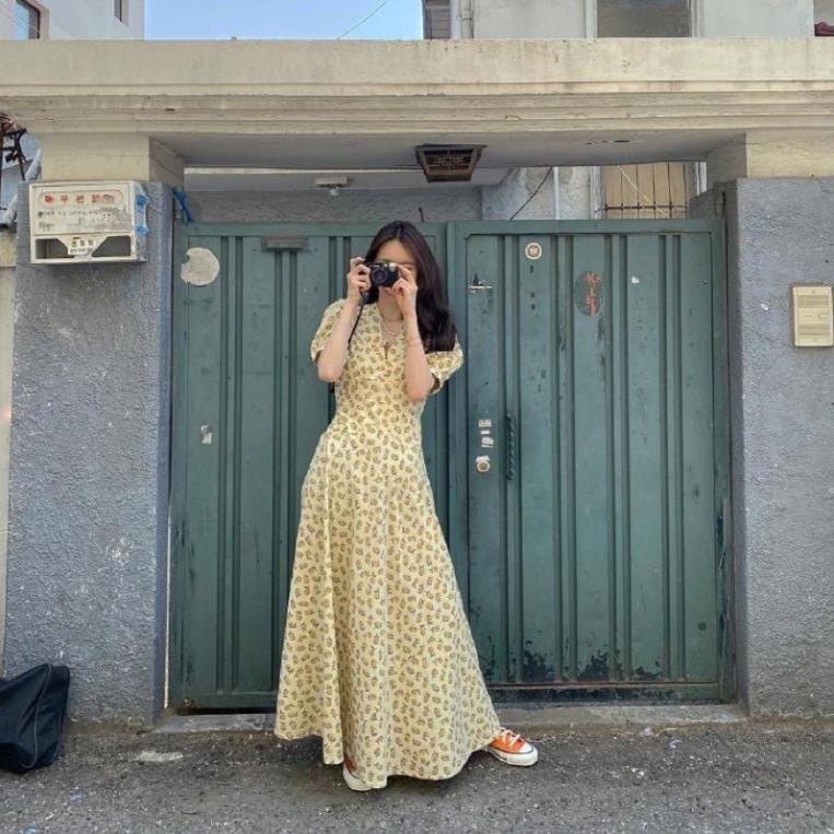 Đầm hoa nhí dáng dài tay phồng phối họa tiết hoa thời trang mùa hè kiểu Hàn Quốc cho nữ