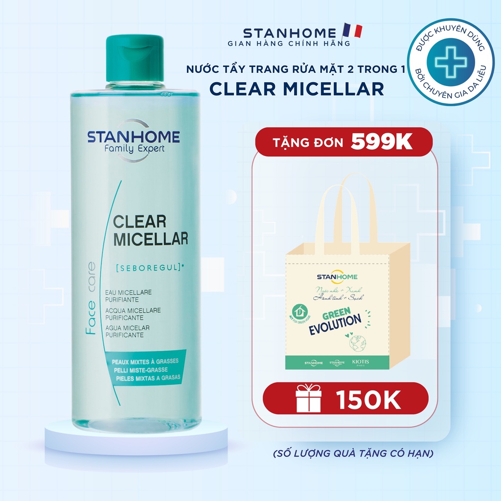 Nước Tẩy Trang Và Rửa Mặt Làm Sạch Sâu 2 trong 1 STANHOME Clear Micellar Bảo Vệ pH Sinh Lý Cho Da 400ML