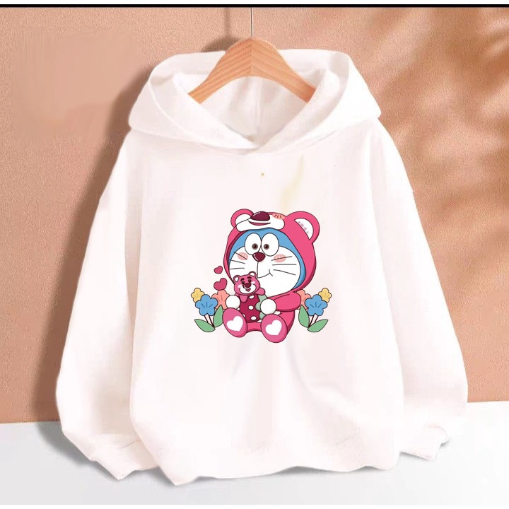 Áo hoodie gấu dâu dore cho bé gái phom rộng chất nỉ size từ 9 đến 65kg