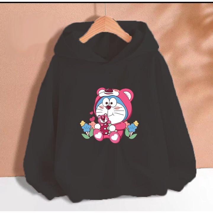 Áo hoodie gấu dâu dore cho bé gái phom rộng chất nỉ size từ 9 đến 65kg