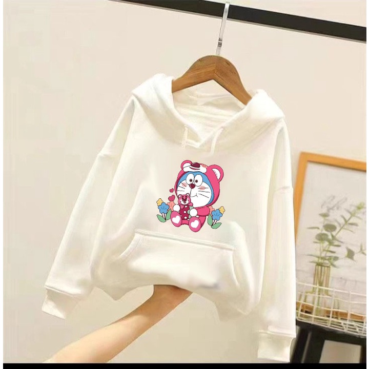Áo hoodie gấu dâu dore cho bé gái phom rộng chất nỉ size từ 9 đến 65kg