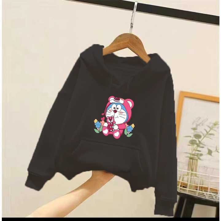 Áo hoodie gấu dâu dore cho bé gái phom rộng chất nỉ size từ 9 đến 65kg
