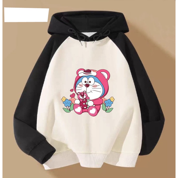 Áo hoodie gấu dâu dore cho bé gái phom rộng chất nỉ size từ 9 đến 65kg