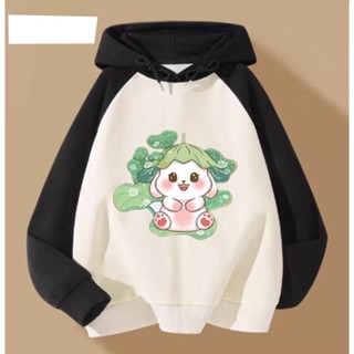 Áo hoodie thỏ trắng ngồi lá sen cho bé gái phom rộng chất nỉ size từ 9 đến 65kg
