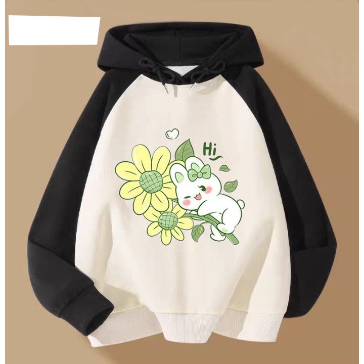 Áo hoodie thỏ trắng ôm hoa cho bé gái phom rộng chất nỉ size từ 9 đến 65kg