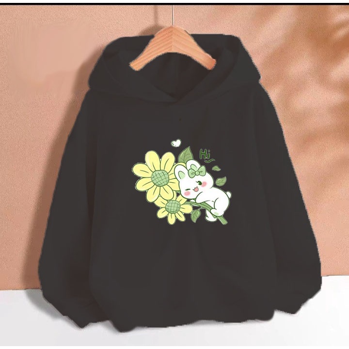 Áo hoodie thỏ trắng ôm hoa cho bé gái phom rộng chất nỉ size từ 9 đến 65kg