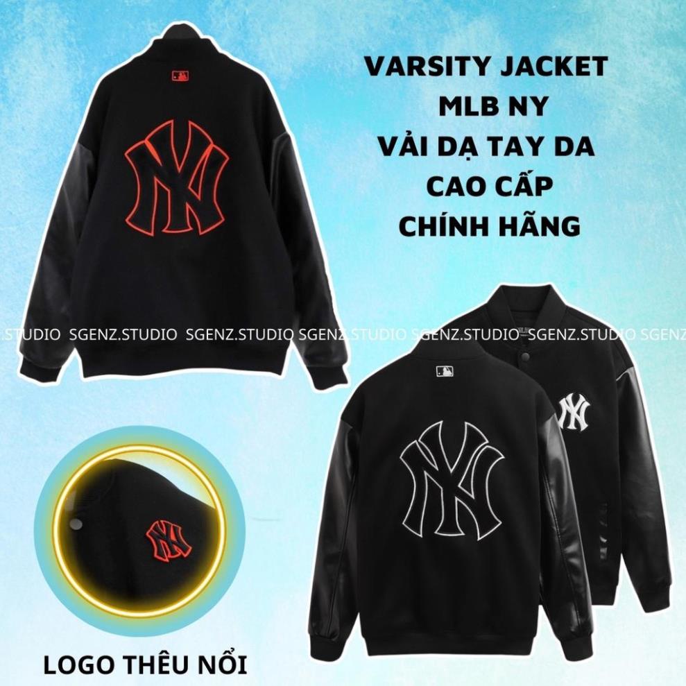 Áo varsity jacket M.L.B NY dạ dày dặn phối tay da,Áo bomber dạ form rộng nam nữ Vnlocalbrand