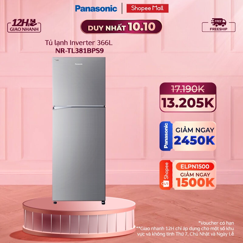 [Mã ELPN1000 Giảm 1TR Đơn 0Đ] Tủ lạnh Panasonic 2 cánh ngăn đá trên NR-TL381BPS9 - Bảo hành 2 năm