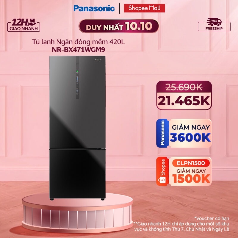 [Mã ELPN1500 Giảm 1TR5 Đơn 0Đ] Tủ lạnh Panasonic Ngăn đông mềm diệt khuẩn 420L NR-BX471WGM9 - Mặt gương - BH 2 năm