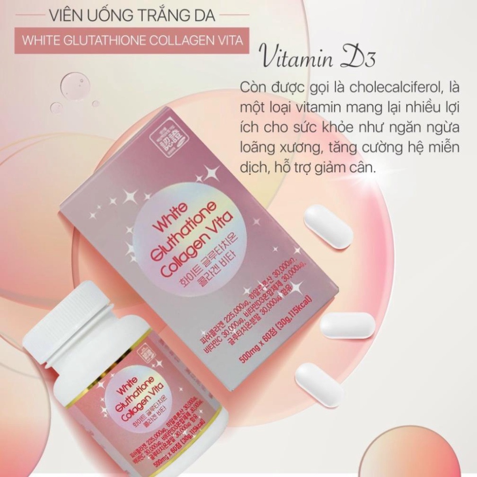 Viên Uống trắng sáng da White Glutathione Collagen Vita korea Hộp 60 Viên, item make up dưỡng từ phía bên trong cơ thể.