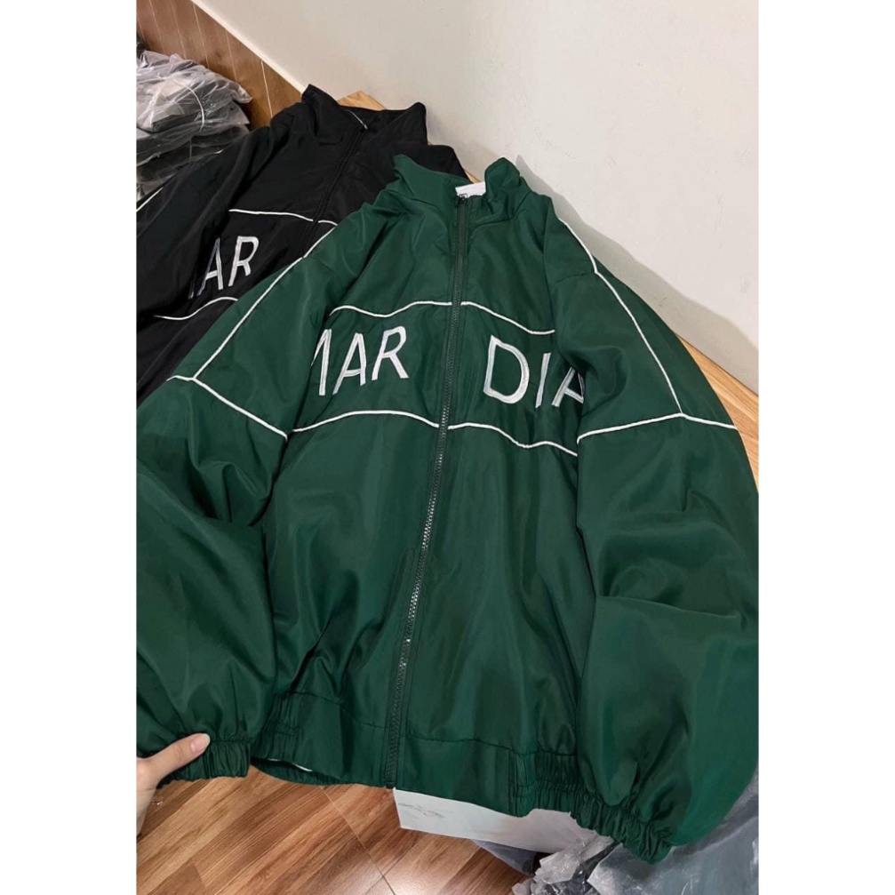 Áo khoác bomber nam nữ Thome vải dạ thêu sọc kẻ xanh trắng đỏ ống tay lót gió 2 lớp đan kim tuyến đen