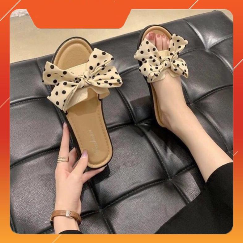 Dép Nữ Đế Bằng Đính Nơ Hoạ Tiết chấm bi chữ H dễ thương