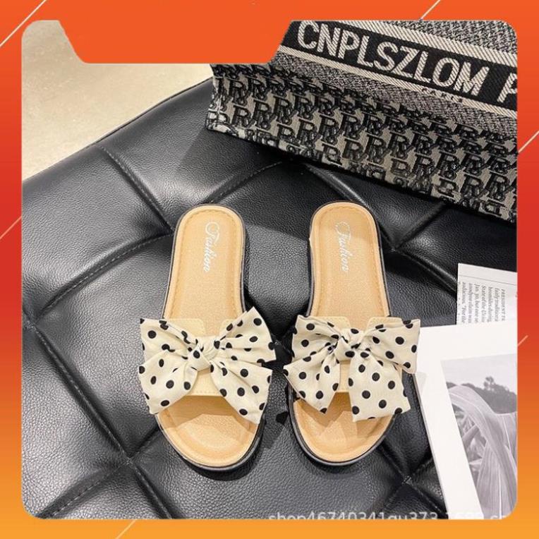 Dép Nữ Đế Bằng Đính Nơ Hoạ Tiết chấm bi chữ H dễ thương