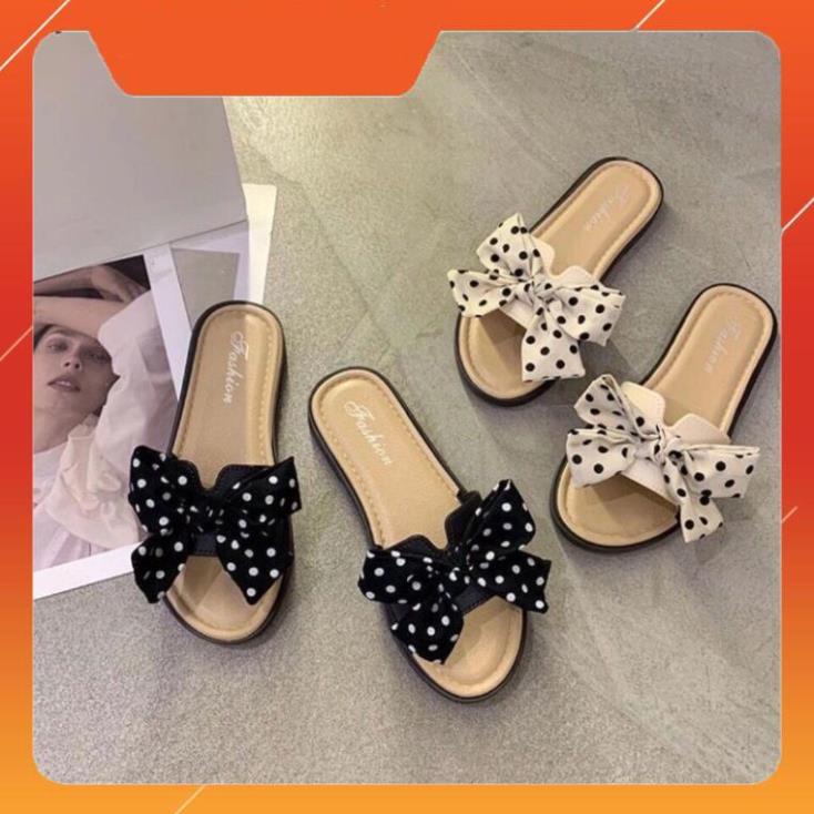 Dép Nữ Đế Bằng Đính Nơ Hoạ Tiết chấm bi chữ H dễ thương