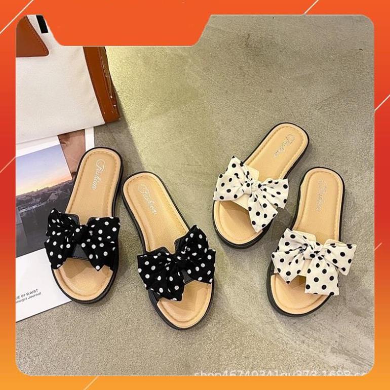 Dép Nữ Đế Bằng Đính Nơ Hoạ Tiết chấm bi chữ H dễ thương