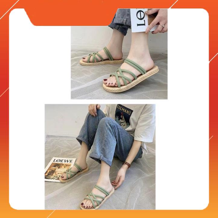 Dép Cao Su Nnựa Quai GIẢ CÓI Chống Nước - Sandal giả cói kẻ - Giày đế bệt nữ đế bệt mùa hè 2022