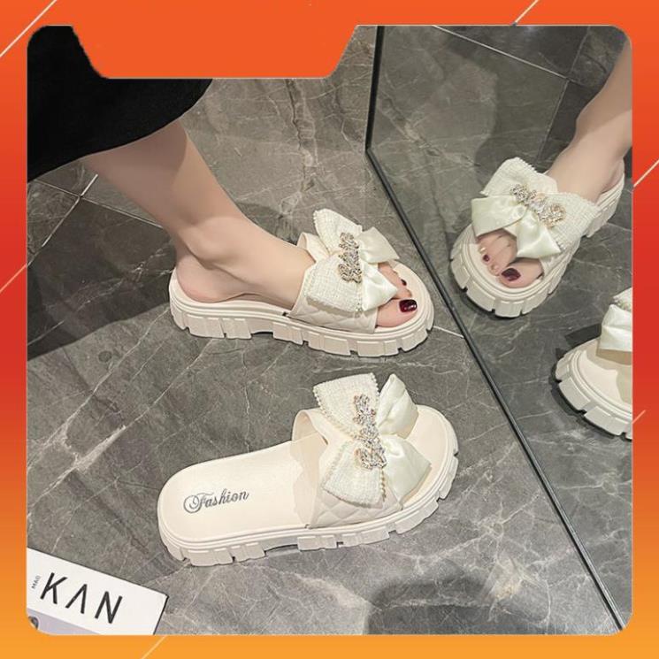 Dép Nữ Quai Ngang Đính Nơ Chữ Độn Đế Răng Cưa Siêu Đẹp