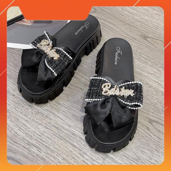 Dép Nữ Quai Ngang Đính Nơ Chữ Độn Đế Răng Cưa Siêu Đẹp