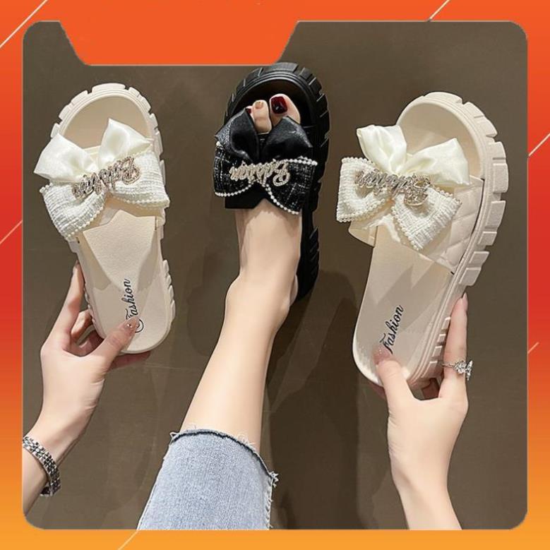 Dép Nữ Quai Ngang Đính Nơ Chữ Độn Đế Răng Cưa Siêu Đẹp