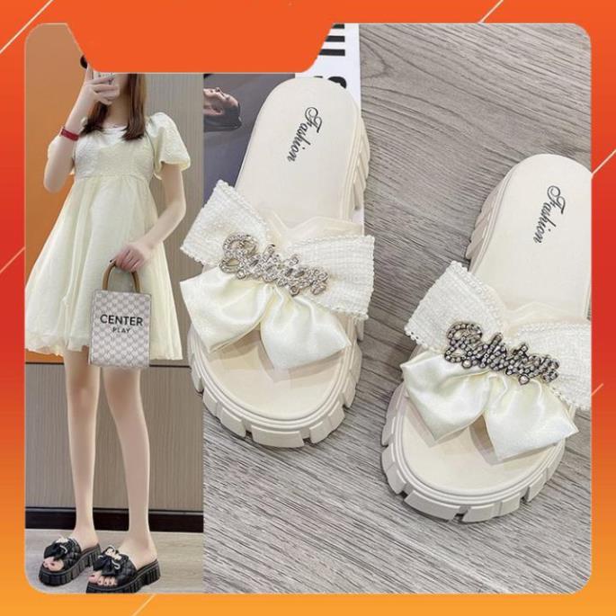Dép Nữ Quai Ngang Đính Nơ Chữ Độn Đế Răng Cưa Siêu Đẹp