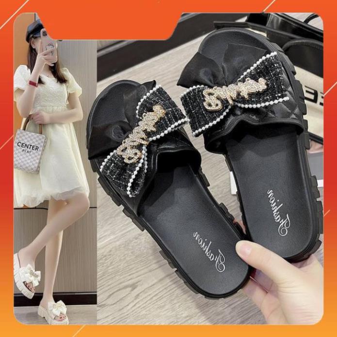 Dép Nữ Quai Ngang Đính Nơ Chữ Độn Đế Răng Cưa Siêu Đẹp