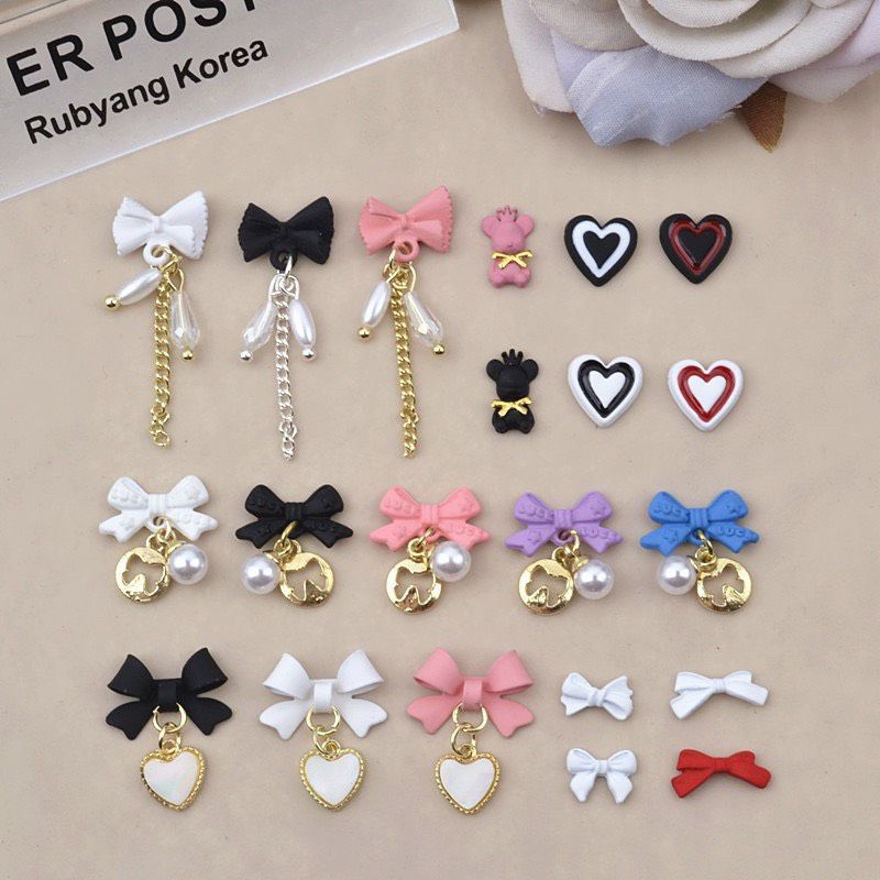 Charm nơ xích tim đá nail charm mới