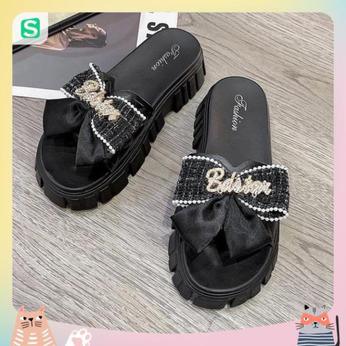 Dép Nữ Quai Ngang Đính Nơ Chữ Độn Đế Răng Cưa Siêu Đẹp