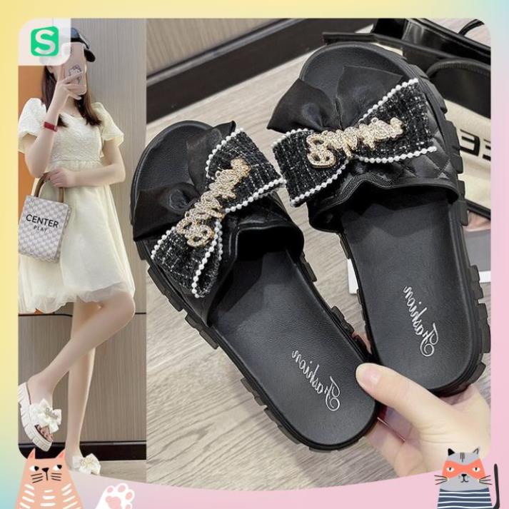 Dép Nữ Quai Ngang Đính Nơ Chữ Độn Đế Răng Cưa Siêu Đẹp