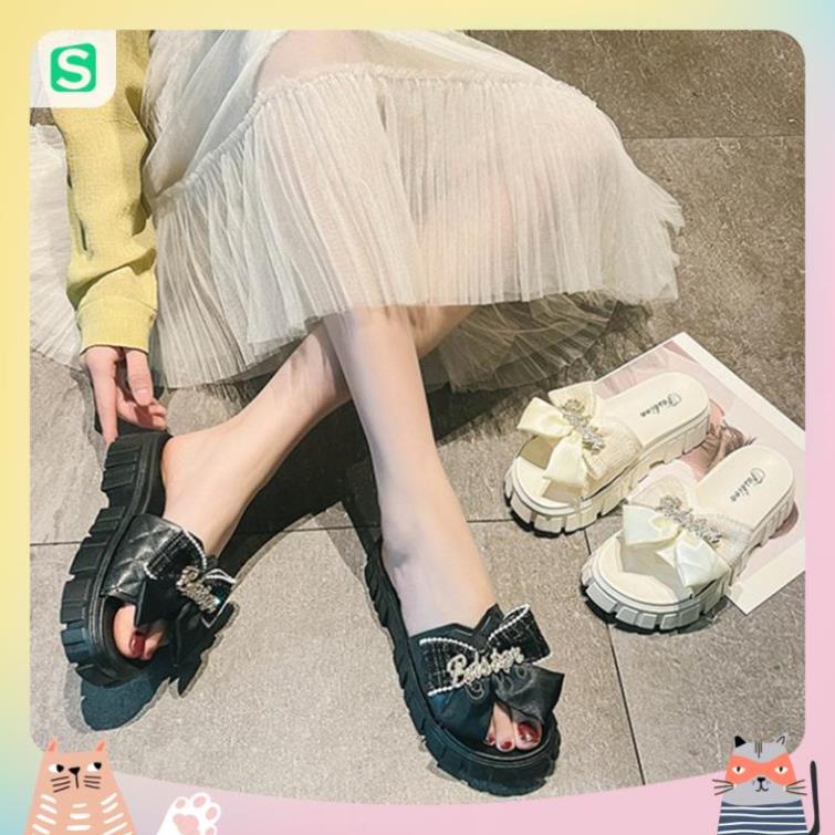 Dép Nữ Quai Ngang Đính Nơ Chữ Độn Đế Răng Cưa Siêu Đẹp