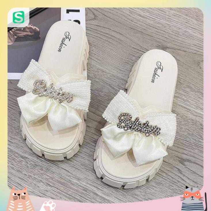 Dép Nữ Quai Ngang Đính Nơ Chữ Độn Đế Răng Cưa Siêu Đẹp