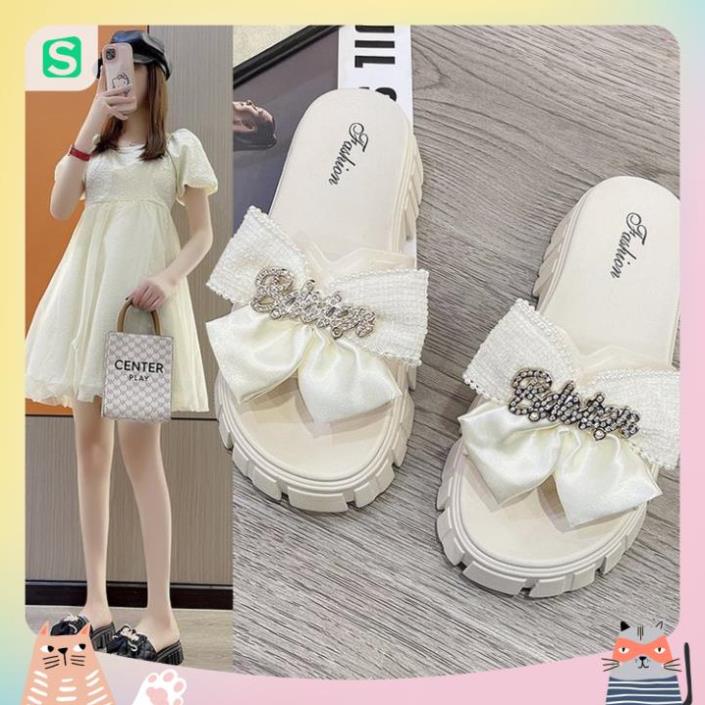 Dép Nữ Quai Ngang Đính Nơ Chữ Độn Đế Răng Cưa Siêu Đẹp