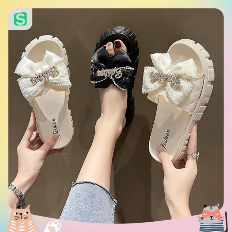 Dép Nữ Quai Ngang Đính Nơ Chữ Độn Đế Răng Cưa Siêu Đẹp