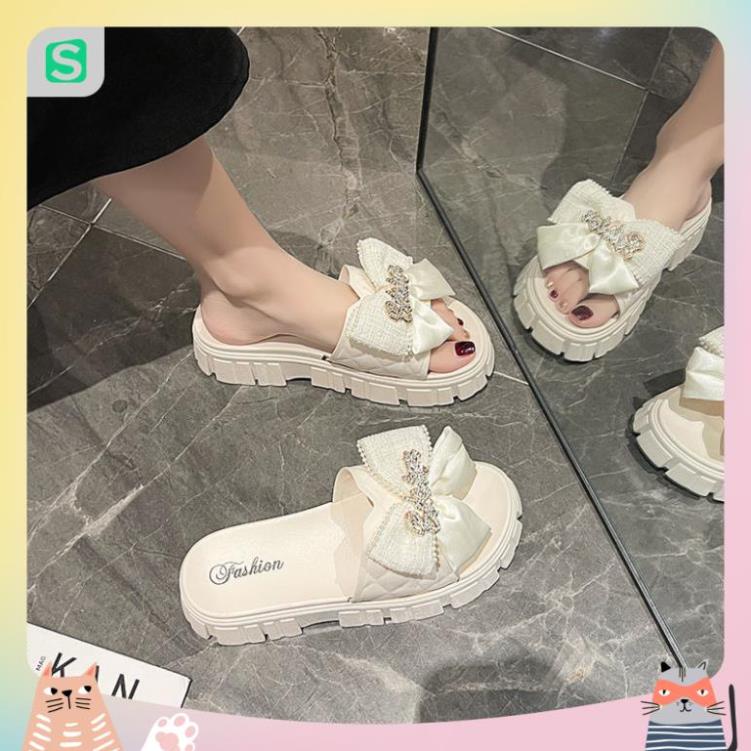 Dép Nữ Quai Ngang Đính Nơ Chữ Độn Đế Răng Cưa Siêu Đẹp