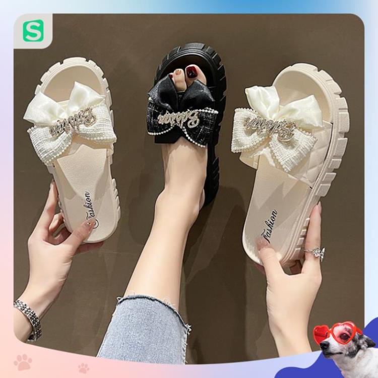 Dép Nữ Quai Ngang Đính Nơ Chữ Độn Đế Răng Cưa Siêu Đẹp