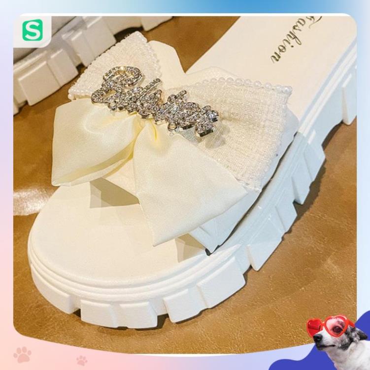 Dép Nữ Quai Ngang Đính Nơ Chữ Độn Đế Răng Cưa Siêu Đẹp