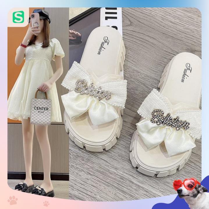 Dép Nữ Quai Ngang Đính Nơ Chữ Độn Đế Răng Cưa Siêu Đẹp