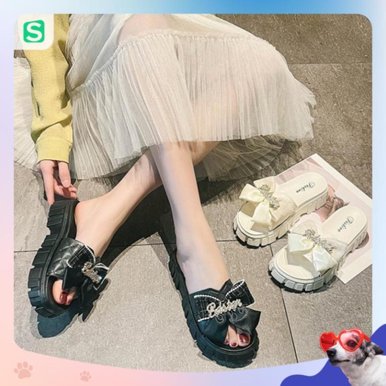 Dép Nữ Quai Ngang Đính Nơ Chữ Độn Đế Răng Cưa Siêu Đẹp
