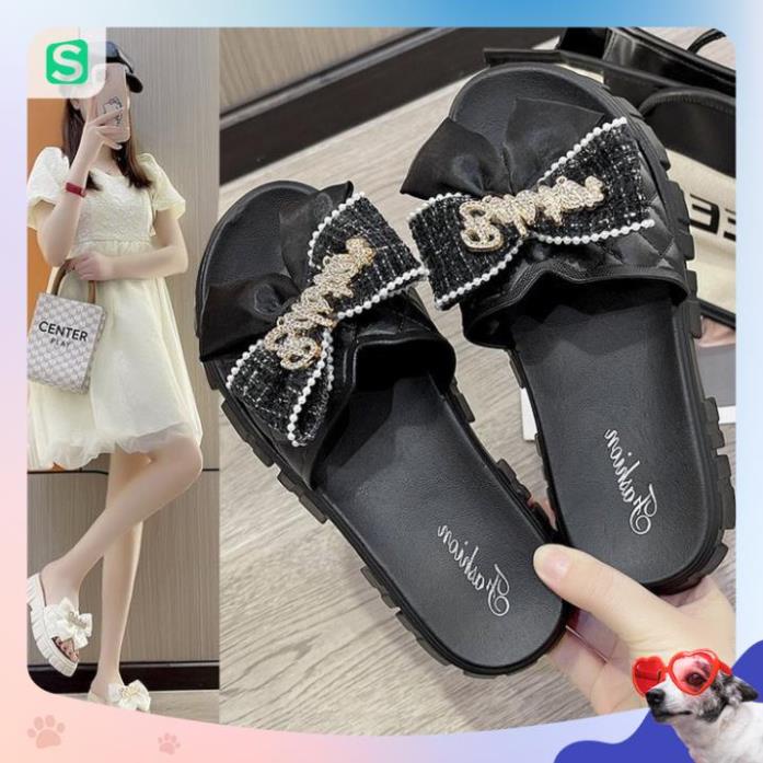 Dép Nữ Quai Ngang Đính Nơ Chữ Độn Đế Răng Cưa Siêu Đẹp