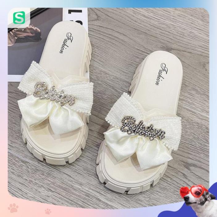 Dép Nữ Quai Ngang Đính Nơ Chữ Độn Đế Răng Cưa Siêu Đẹp