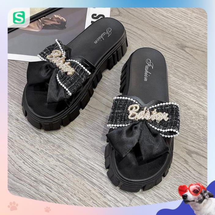 Dép Nữ Quai Ngang Đính Nơ Chữ Độn Đế Răng Cưa Siêu Đẹp