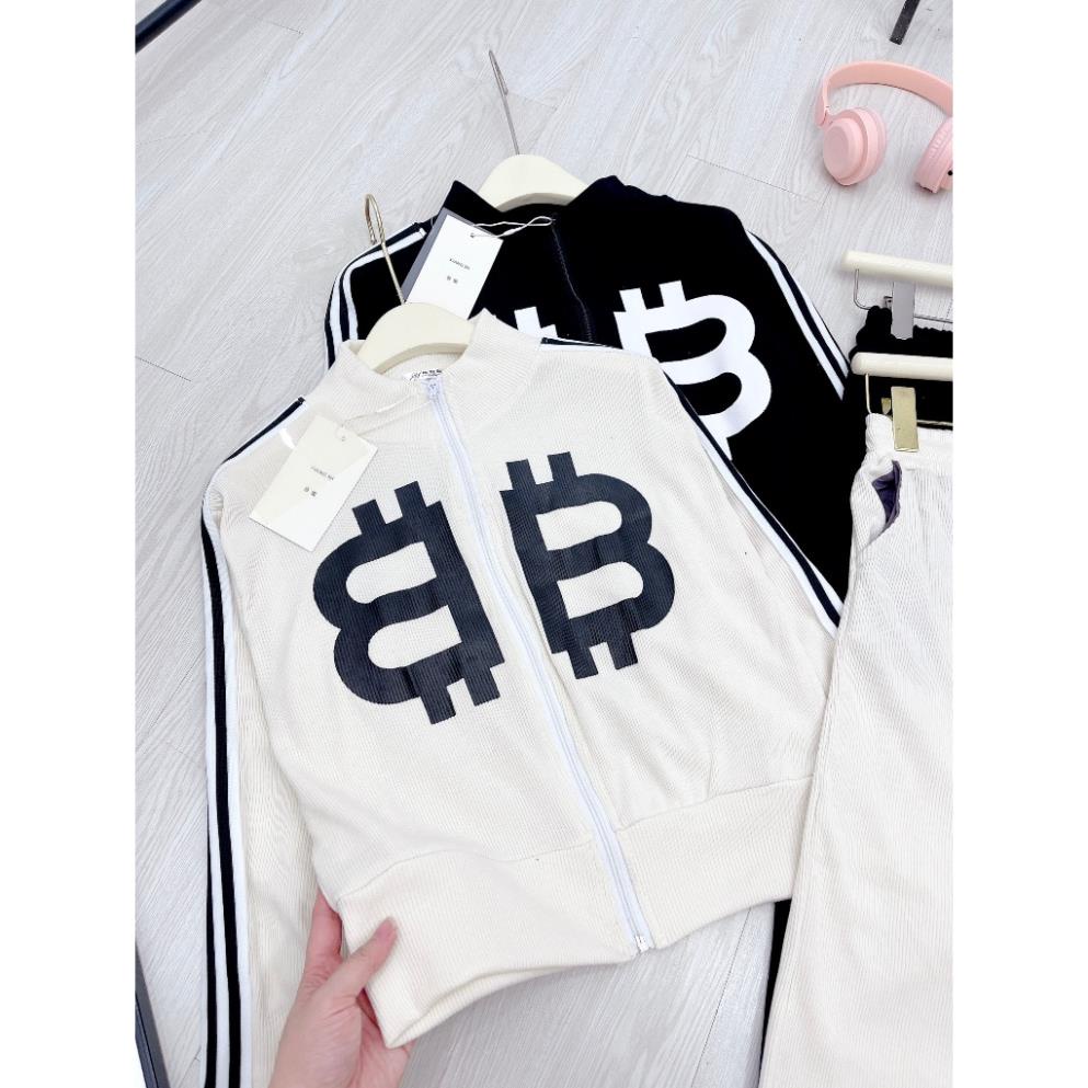 Set Bộ Nữ Thể Thao Áo Khoác BB Kéo Khoá Cổ Bẻ  Mix Quần Suông Dài Ống Rộng Chạy Rót Viền Freesize