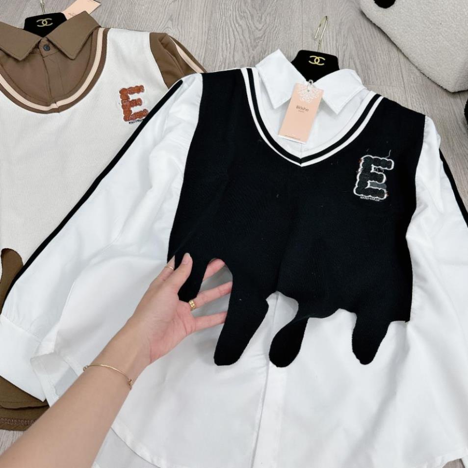 Áo Sơ Mi Nữ Áo Sơ Mi Kiểu Phối Gile 2 Màu Lượn Gấu Dài Tay Freesize