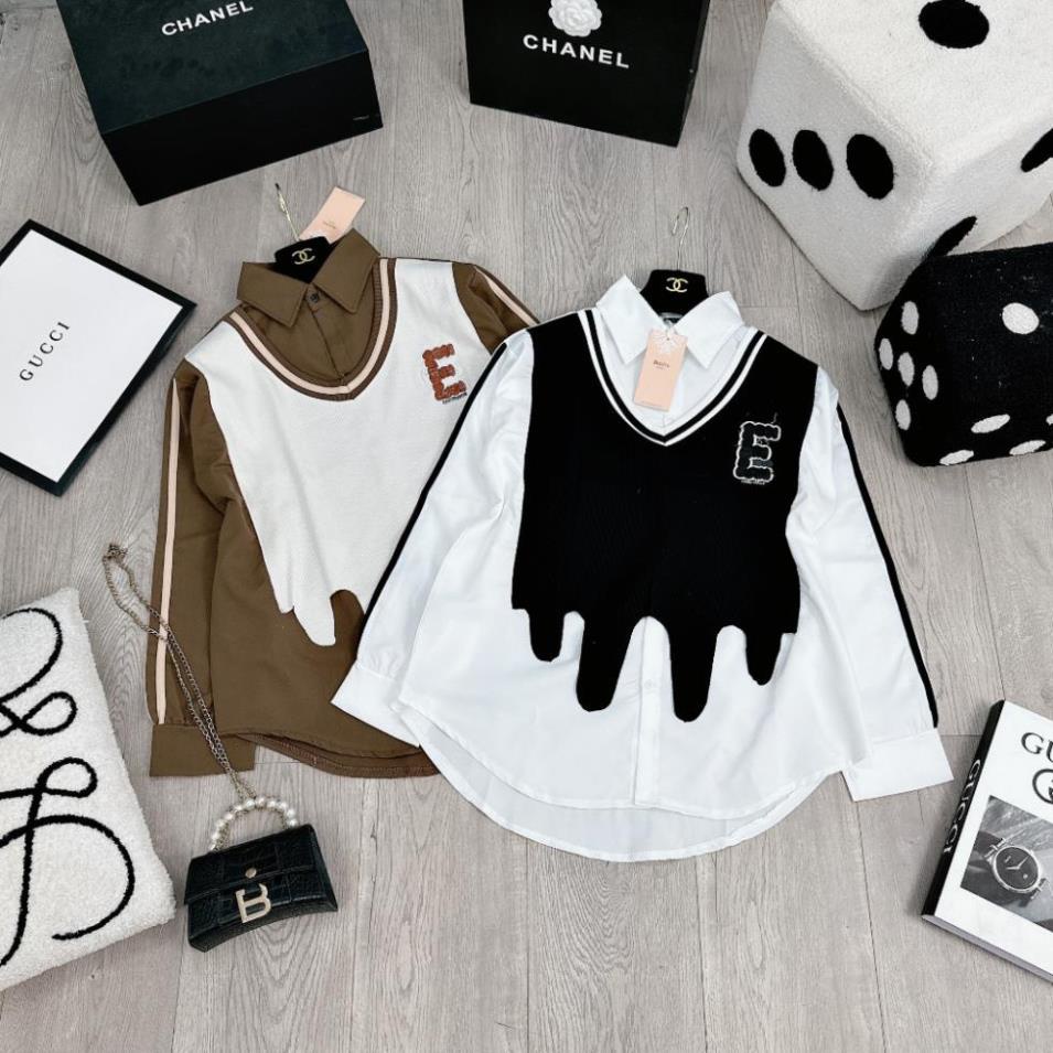 Áo Sơ Mi Nữ Áo Sơ Mi Kiểu Phối Gile 2 Màu Lượn Gấu Dài Tay Freesize