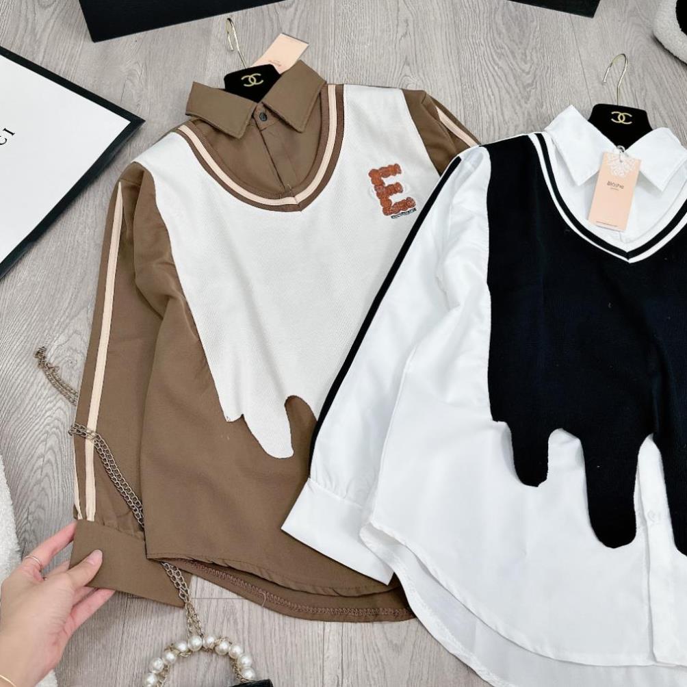 Áo Sơ Mi Nữ Áo Sơ Mi Kiểu Phối Gile 2 Màu Lượn Gấu Dài Tay Freesize