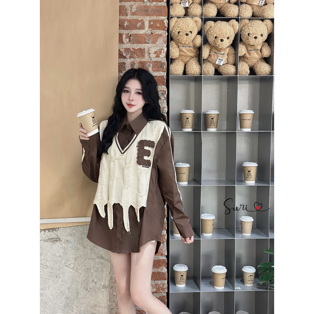 Áo Sơ Mi Nữ Áo Sơ Mi Kiểu Phối Gile 2 Màu Lượn Gấu Dài Tay Freesize