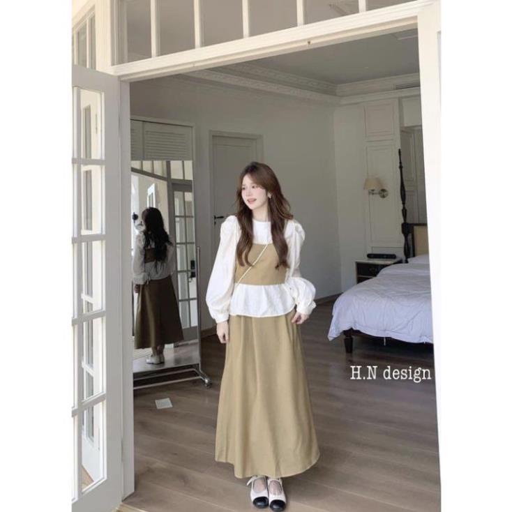 Set Váy Nữ 3 Món Áo Yếm 2 Dây Đan Lưng Phối Áo Sơ Mi Cổ Tròn Dài Tay Mix Chân Váy Dáng Dài Freesize
