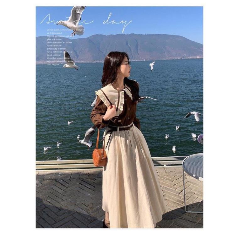 Set Váy Nữ  Áo Bèo Cổ Sen Tay Dài Tay Mix Chân Váy Dáng Dài Màu Kem Freesize