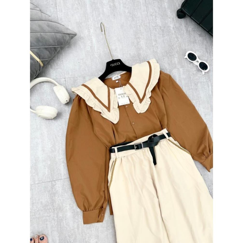 Set Váy Nữ  Áo Bèo Cổ Sen Tay Dài Tay Mix Chân Váy Dáng Dài Màu Kem Freesize