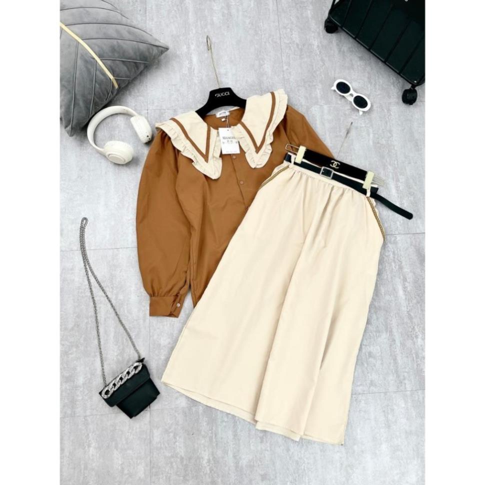 Set Váy Nữ  Áo Bèo Cổ Sen Tay Dài Tay Mix Chân Váy Dáng Dài Màu Kem Freesize